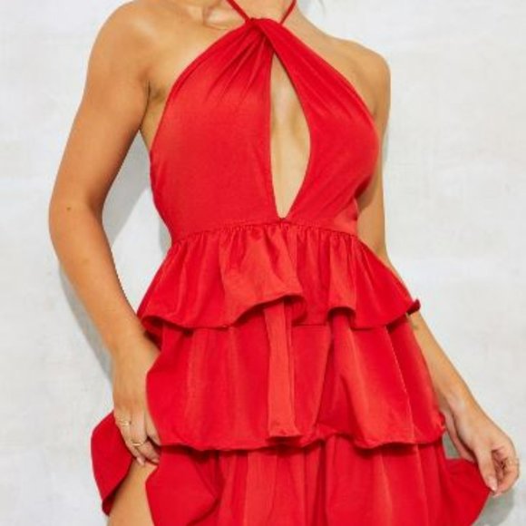 Red Tiered Skirt Halterneck Skater Dress NWT - Picture 1 of 7